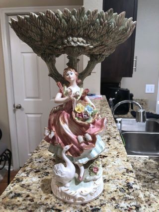 Ceramic Statue / Candy Dish Of A Girl With A Swan Standing By A Tree