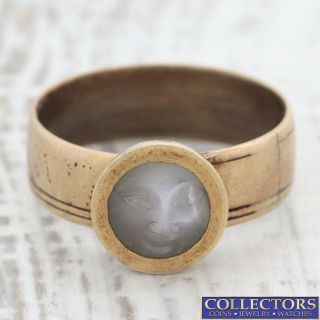 Vintage Estate Solid 14k Yellow Gold Carved Moonstone Face Ring C8
