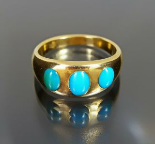 Rare Victorian 18 Ct Solid Gold Turquoise 3 Stone Gypsy Ring Heavy 6.  0g Size M