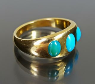 Rare Victorian 18 ct Solid Gold Turquoise 3 Stone Gypsy Ring Heavy 6.  0g Size M 2