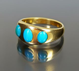 Rare Victorian 18 ct Solid Gold Turquoise 3 Stone Gypsy Ring Heavy 6.  0g Size M 3