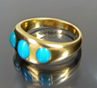 Rare Victorian 18 ct Solid Gold Turquoise 3 Stone Gypsy Ring Heavy 6.  0g Size M 5