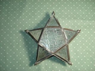 Vintage Antique Pressed Clear Glass Brass Star Hanging Votive Candle Holder