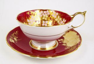 Vintage Aynsley Red Tea Cup Pink & Yellow Flowers Rose Decorated Saucer 1930 