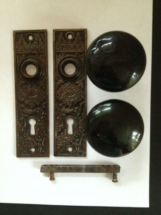 Antique Set Of Victorian Black Porcelian Door Knobs & Eastlake Back Plates