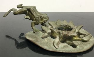 Vintage Antique Bronze Frog On Lilly Pad Candlestick Holder Statue Figurine
