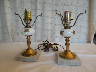 Vintage Hand Painted Milk Glass W/brass Table Lamps Marble Bases