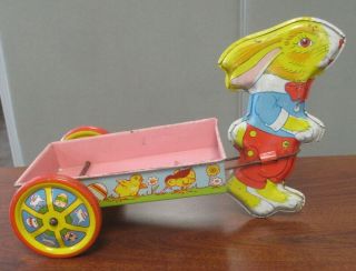 Vintage J.  Chein Tin Litho Rabbit Pulling Cart Toy Easter U.  S.  A.