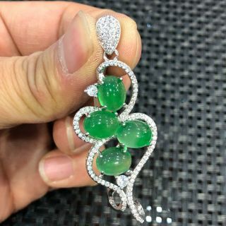 Chinese Rare Handwork S925 Silver & Green Jadeite Jade Four Beads Bird Pendant