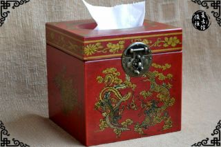 China Old Antique Wooden Dragon Phoenix Bronze Lock Tissue Box