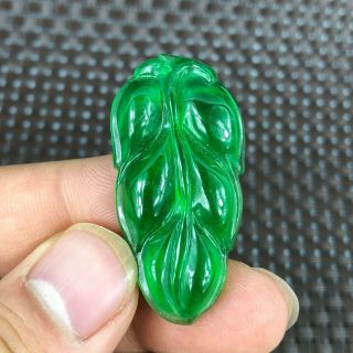 Chinese Green Jadeite Jade Carved Handwork Collectible Leaf Shaped Rare Pendant
