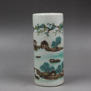 Chinese Old Marked Famille Rose Colored Landscape Pattern Porcelain Brush Pot