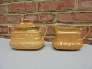 Antique Vintage Westward Ho Yellow Ware Yellowware Creamer & Cov Sugar Bowl