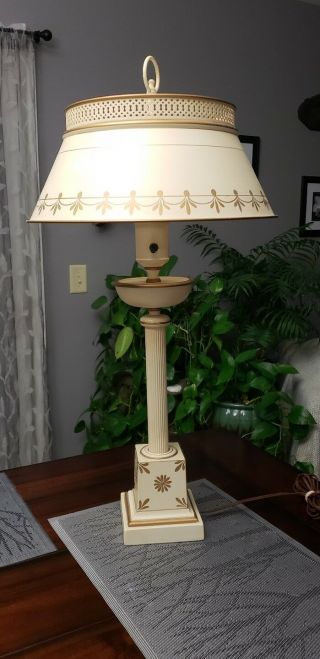 Antique Metal Brass Iron Table Lamp Toleware W/ White Glass Torchiere Shade