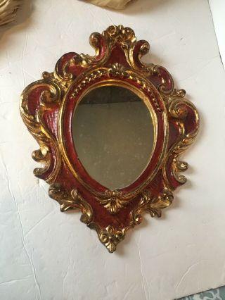 Vintage Small Gold Gilt Red Wall Mirror Italian Florentine Ornate Rococo