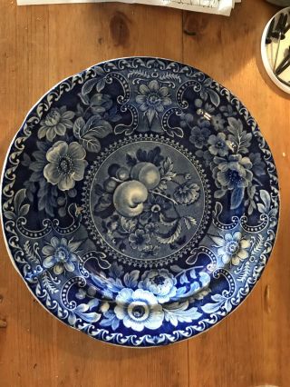 1828 - 1830 Stubbs & Kent Flow Blue 10” Plate,  Flowers & Fruit,  Staffordshire