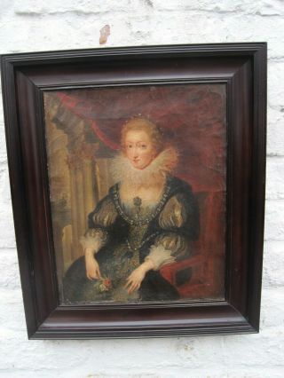 Antique Oil Painting On Canvas Old Reline Well Framed Elizabethan Lady