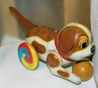 Vintage Tin Toy Dog With Wood Ball Haji Japan 6 " Long