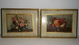 Vintage Italian Florentine Toleware Wood Wall Plaques Set Of 2 Flowers