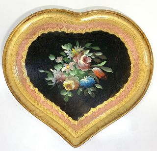 Vintage Tole Hand Painted Floral And Gold Florentine Heart Shaped Tray Italy