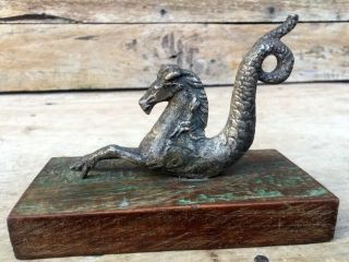 Vintage Old Brass Rare Sea Horse Figurine Wood Base Decorative Statue