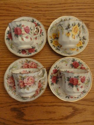 Fabulous Set 4 Elizabethan China Cups & Saucers England Anniversary Rose Series