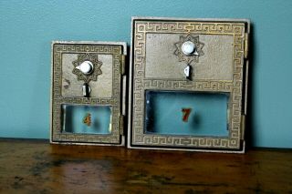 Vintage 1957 Post Office Mail Box Door Pair Large & Small Glass Front Numbered