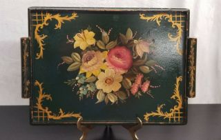 Vintage Floral Tole Wooden Decorative Serving Tray Tea Tray Shabby Distressed