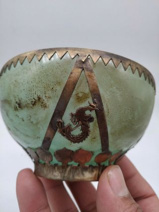 Old Chinese Hand - carved Tibet Silver wrapped jade bowl,  Dragon Phoenix 5
