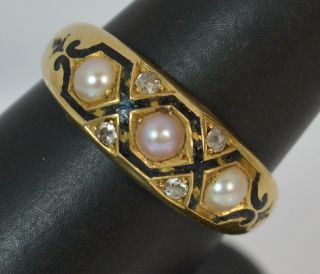 Heavy Victorian 18ct Gold Enamel Pearl & Diamond Stack Mourning Ring D0294