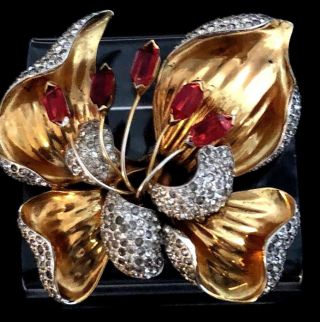 Massive Rare Unsigned Reja Rhinestone Embedded Figural Hibiscus Flower Brooch