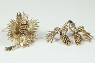 Mid Century 14kt Gold Conifer Hand Cast Pinecones Branches Earrings & Brooch Set