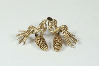 Mid Century 14KT Gold Conifer Hand Cast Pinecones Branches Earrings & Brooch Set 2