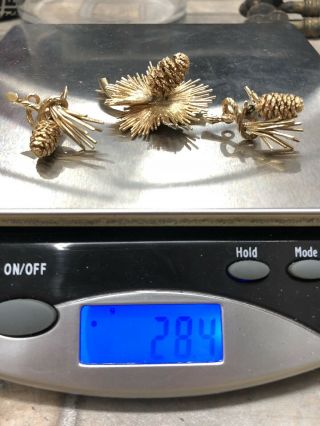 Mid Century 14KT Gold Conifer Hand Cast Pinecones Branches Earrings & Brooch Set 6