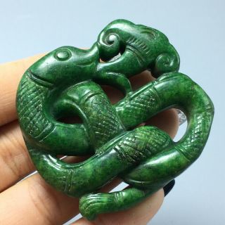 31g Chinese old natural green jade Hand - Carved statue mythical creatures pendant 3