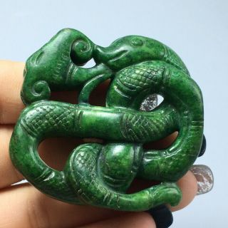 31g Chinese old natural green jade Hand - Carved statue mythical creatures pendant 4