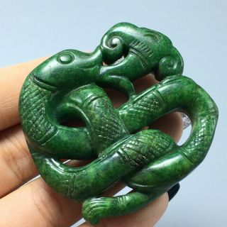 31g Chinese old natural green jade Hand - Carved statue mythical creatures pendant 5