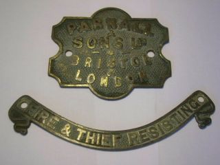 Antique brass plaque ' PARNALL & SONS BRISTOL & LONDON,  ' FIRE & THIEF RESISTING ' 2