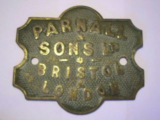 Antique brass plaque ' PARNALL & SONS BRISTOL & LONDON,  ' FIRE & THIEF RESISTING ' 3