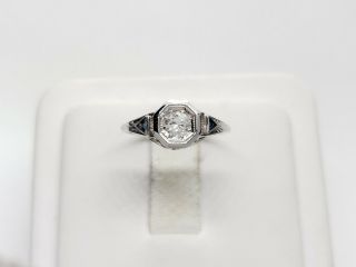 Estate Art Deco 18k White Gold Old European.  33 Ct Diamond Sapphire Ring