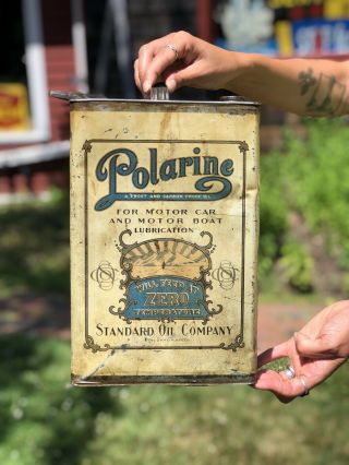 Rare Antique 1910s Polarine Standard Oil Motor Oil Lubricant 1 Gal Slim Can Sign