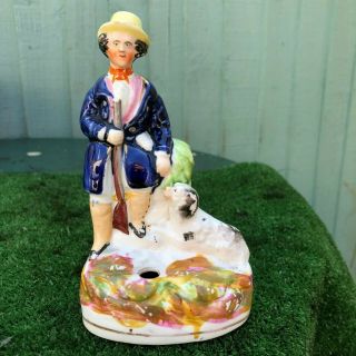 Mid 19thc Staffordshire Huntsman Figure With Dog,  Inkwell To Base C1850s