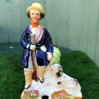 MID 19thC STAFFORDSHIRE HUNTSMAN FIGURE WITH DOG,  INKWELL TO BASE c1850s 2