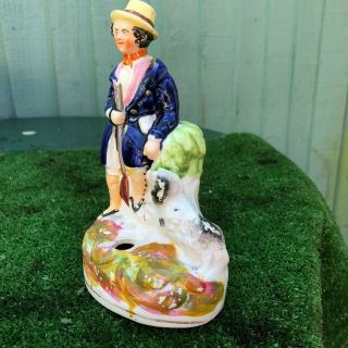 MID 19thC STAFFORDSHIRE HUNTSMAN FIGURE WITH DOG,  INKWELL TO BASE c1850s 8