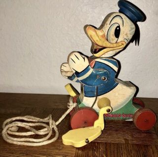 1955 Vintage Fisher Price Donald Duck Disney Pull Toy Repaired Cracked Arm