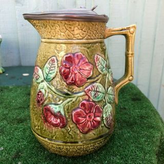 19thc Majolica Pitcher Or Jug With Roses & Leaves With Pewter Lid C1880s