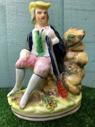 Mid 19thc Staffordshire Huntsman Figure,  Seated Next To Bough C1860s