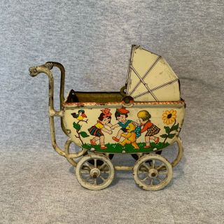 German Tin Litho 5” Baby Buggy Stroller Kids With Teddy Bear Ges Gesch