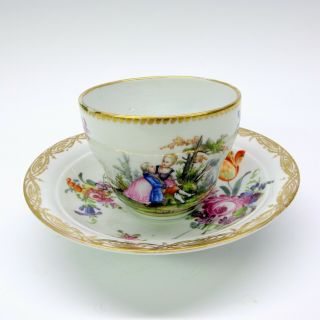 Early Meissen Porcelain Cup And Saucer With Romantic Scene