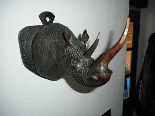 Rare Antique Hand Carved Wooden Indian / Asian Rhinoceros Head Wall Hanging